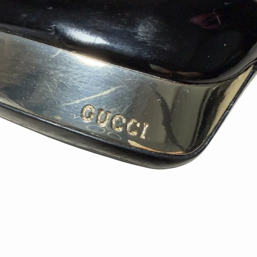 Gucci Black Patent Leather‎ Gold Platform Peep Toe Heels 9.5B Made in Italy